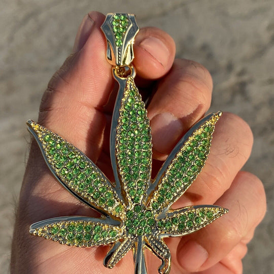 14K Gold Plated Marijuana Weed Leaf Green Iced Flooded Out Pendant